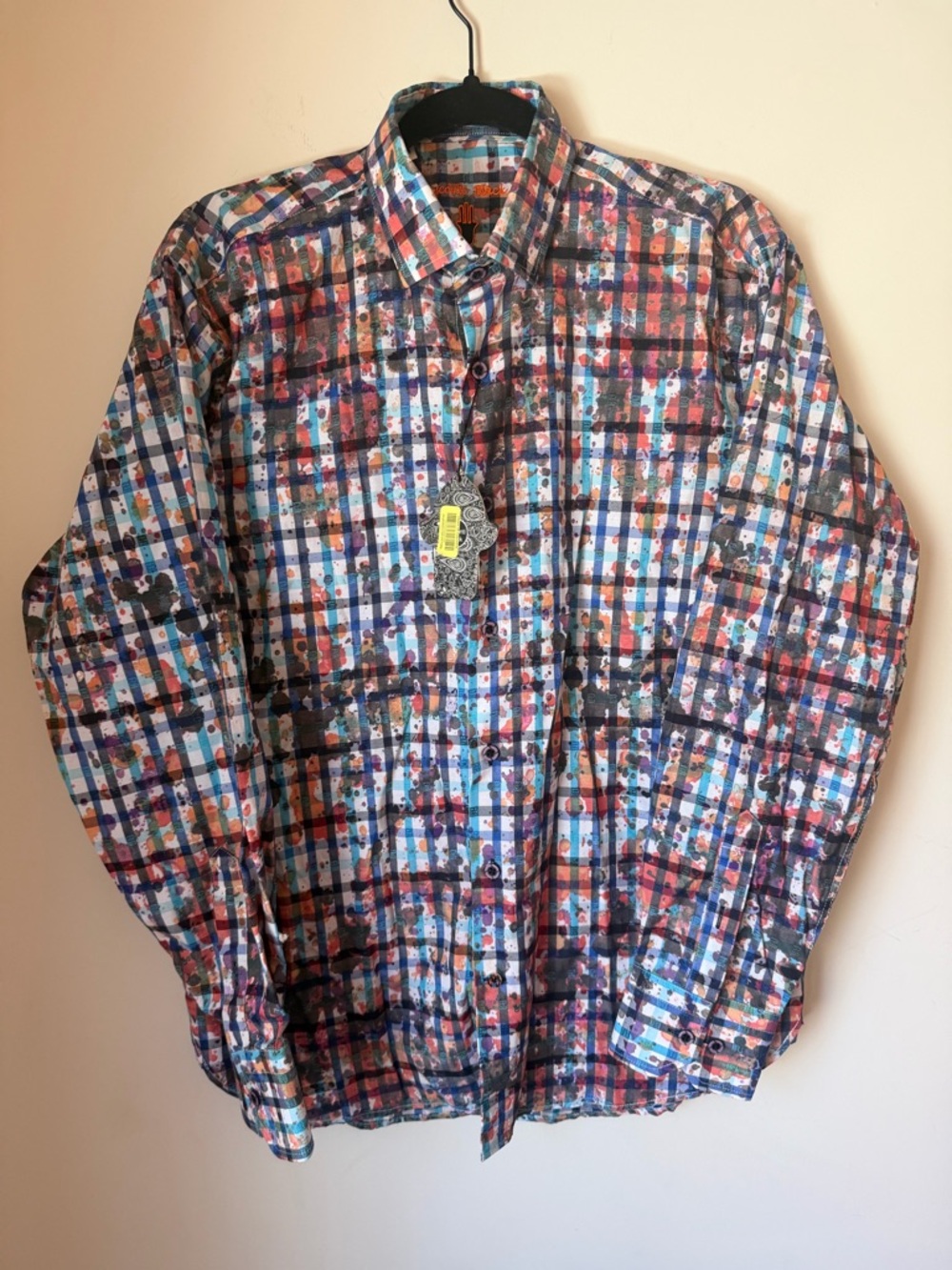 Visconti Black Men's Size L Paint Splatter Plaid Button Down Shirt - M - funky